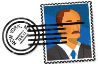 Illustration of a postage stamp with a postmark from New York.
